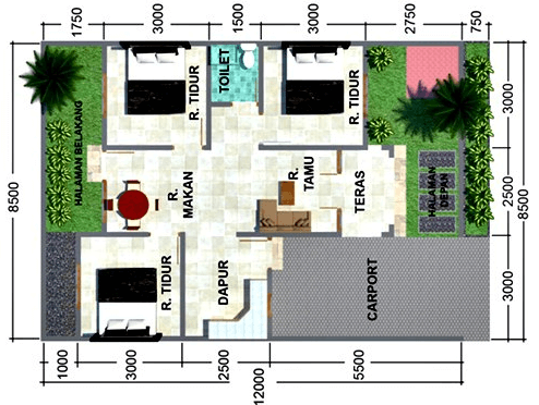 denah rumah minimalis type 36 dengan 3 kamar