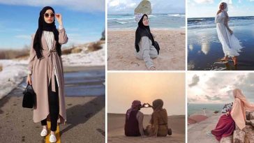 gaya foto di pantai wanita hijab